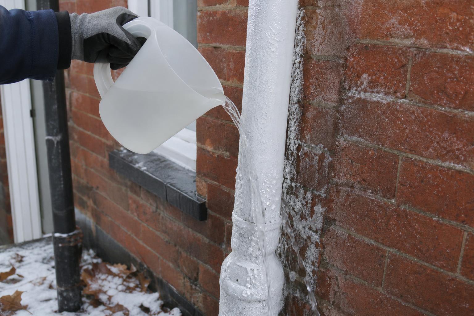 Thawing a frozen external boiler condensate pipe on a frosted brick wall