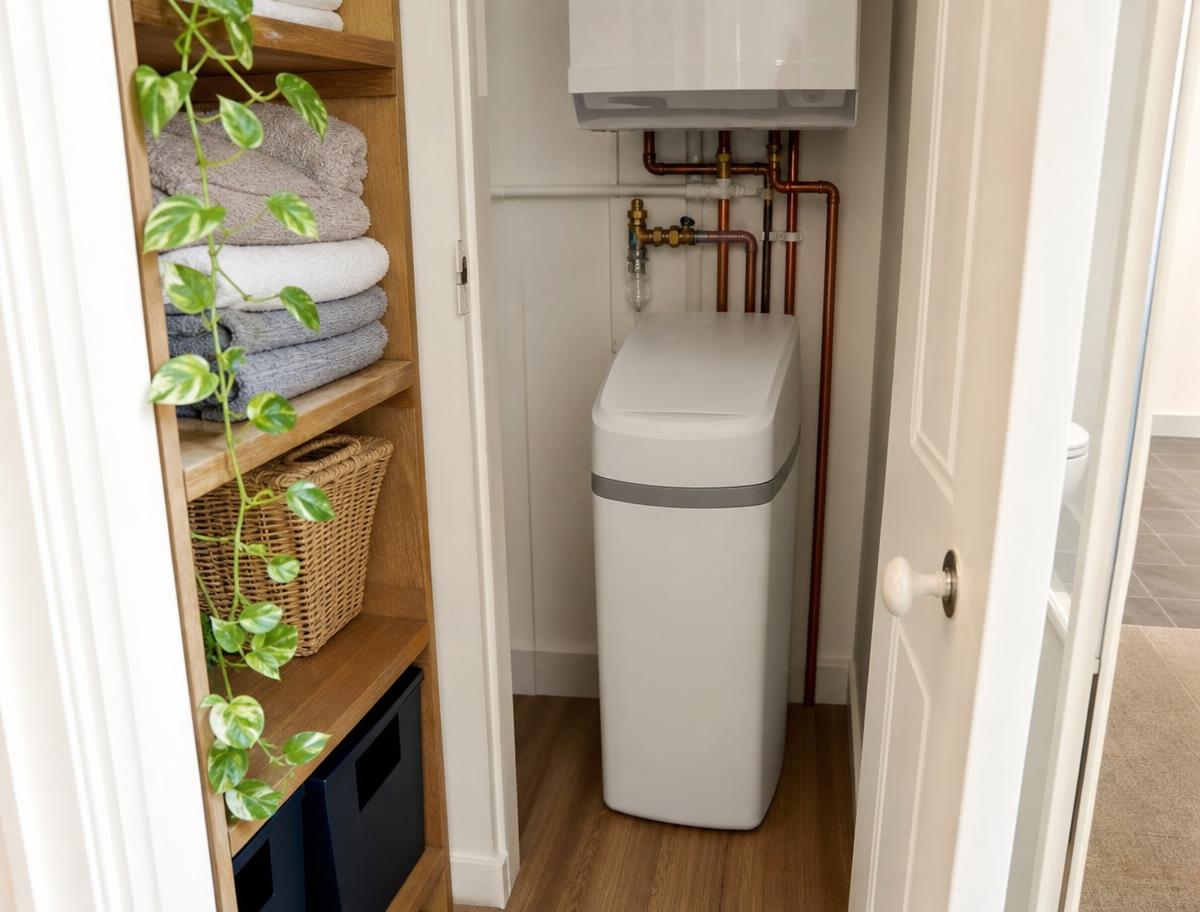 Slim softener tucked into a utility cupboard beneath the boiler