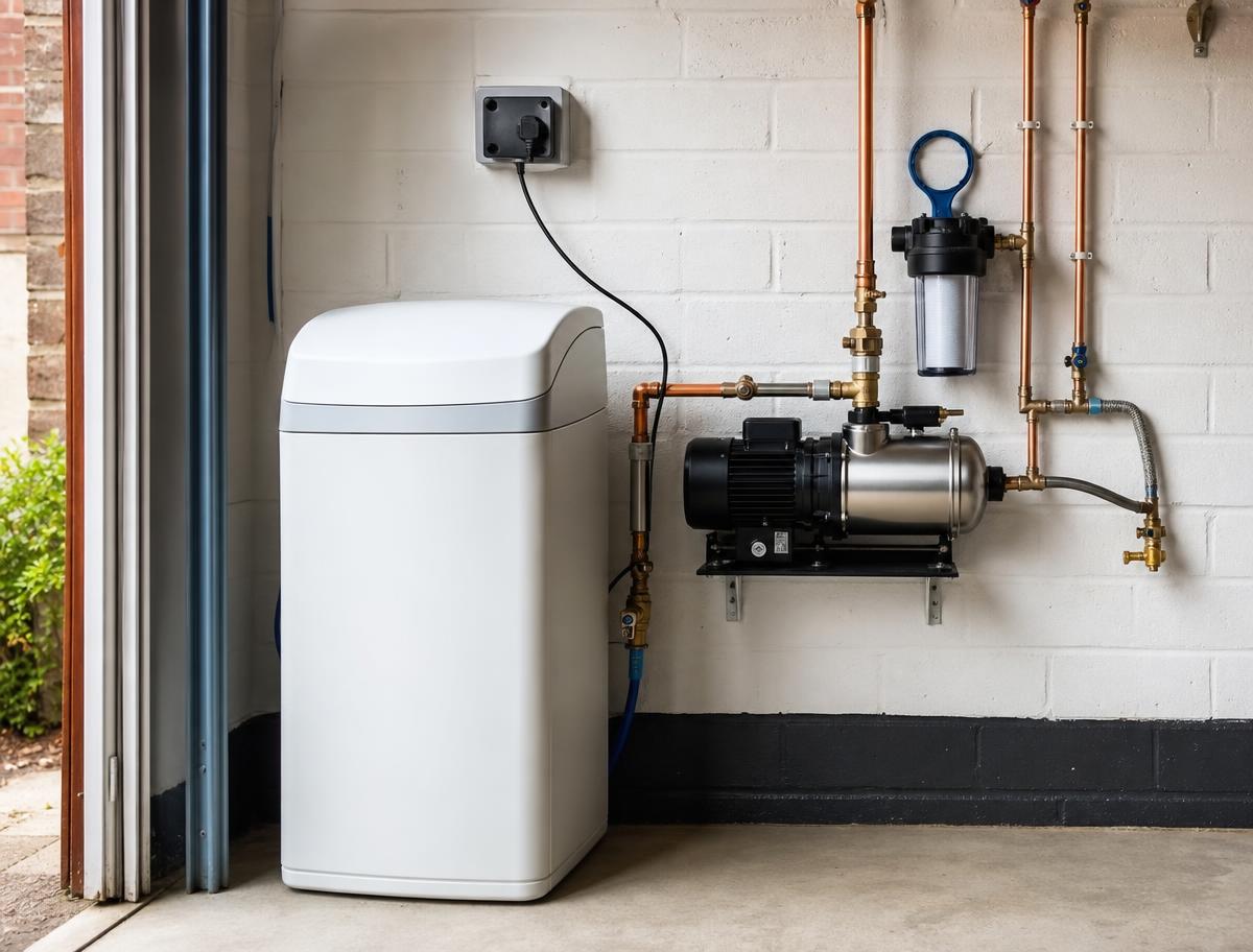 Garage installation with softener and mains water booster on the incoming main