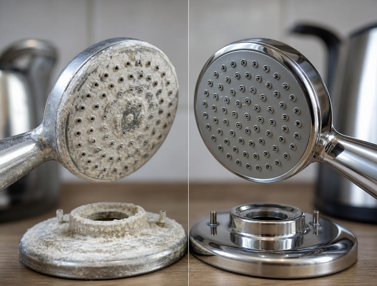 Limescale-clogged shower head next to a scale-free one after softening