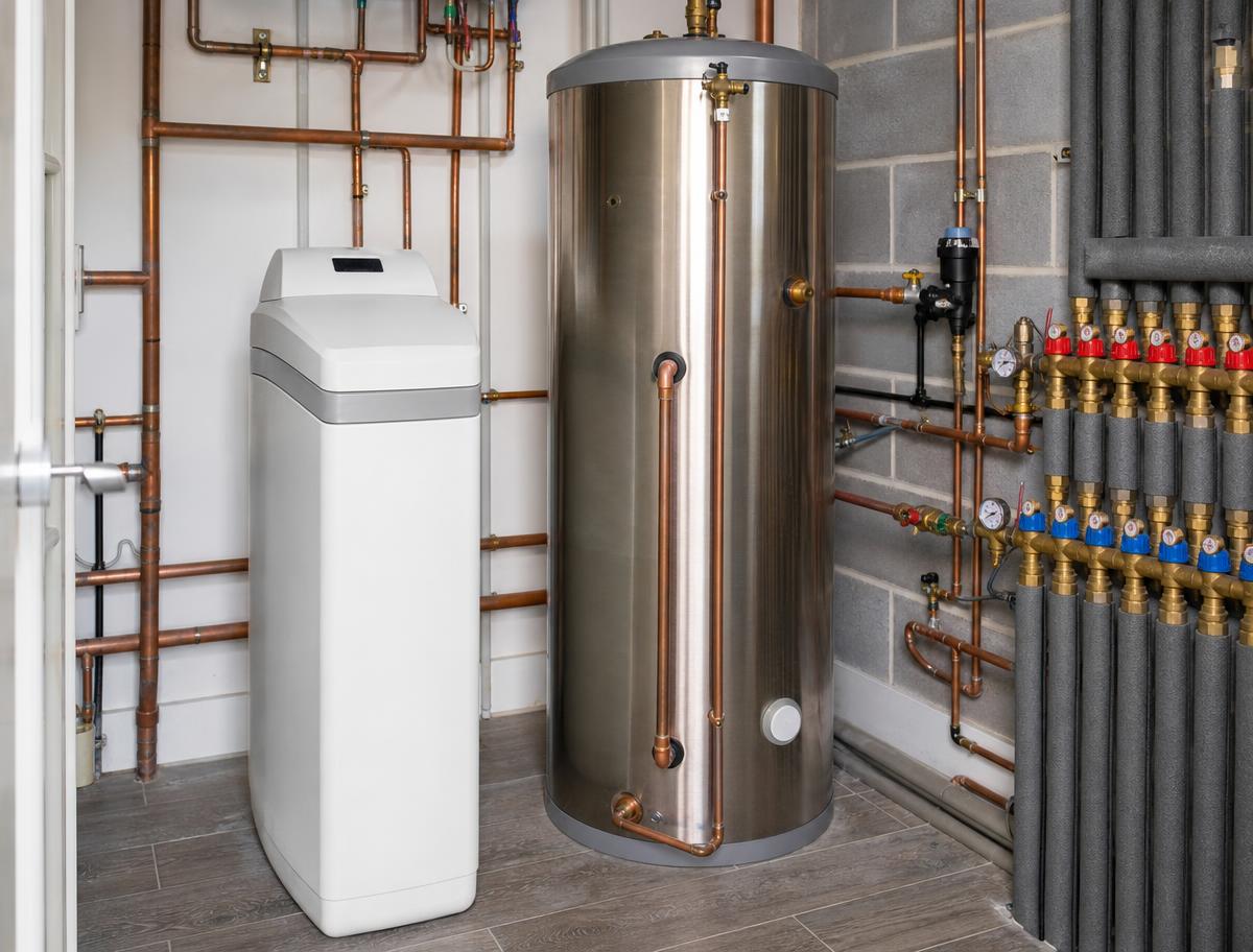 Softener alongside an unvented cylinder in a domestic plant room